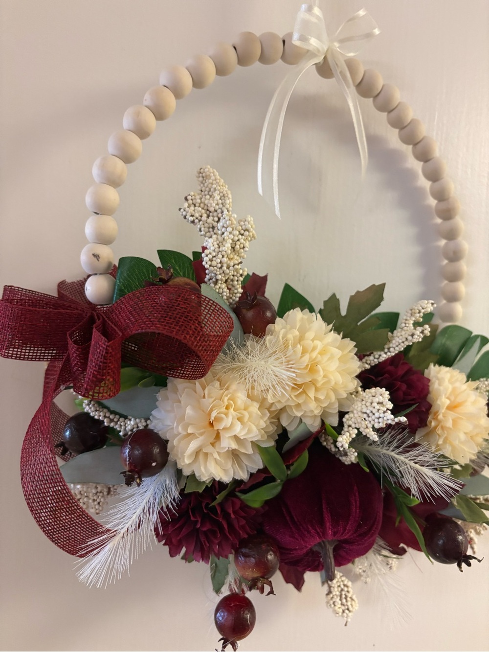 Handmade Cream and Burgundy Floral Beaded Hoop Wreath